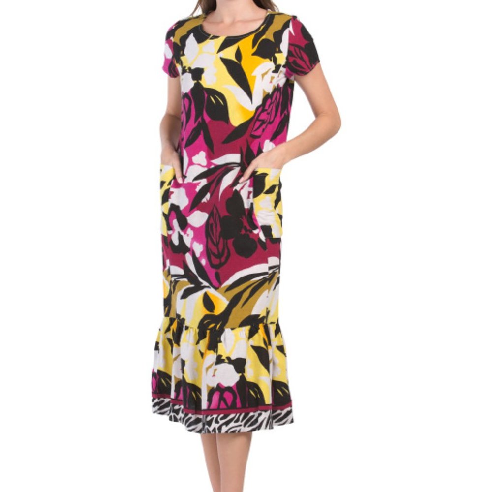 FOR CYNTHIA  Linen Short Sleeve Ruffle Hem Dress